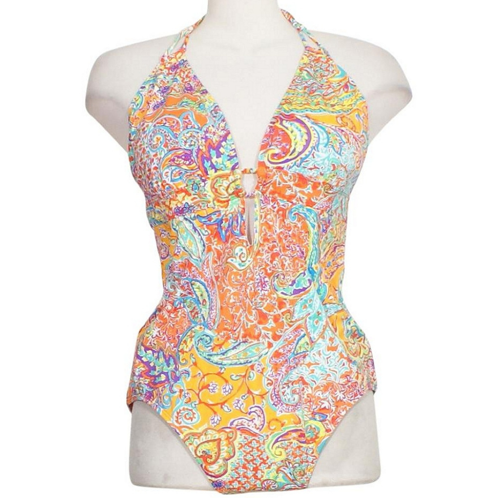 Paisley Loop Strap Halter Plunge Swimsuit 14